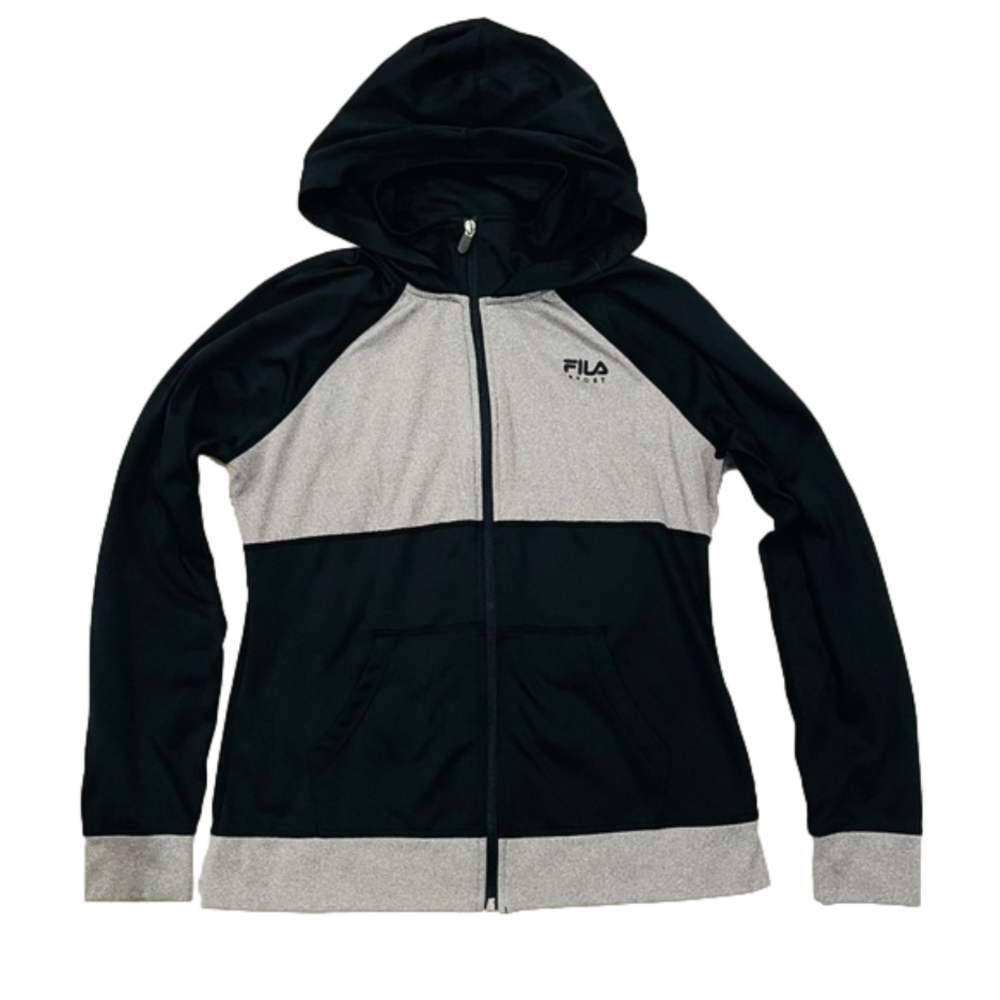 Fila Women’s Black Gray Full Zip Up Long Sleeve Hooded Athletic Jacket Size L